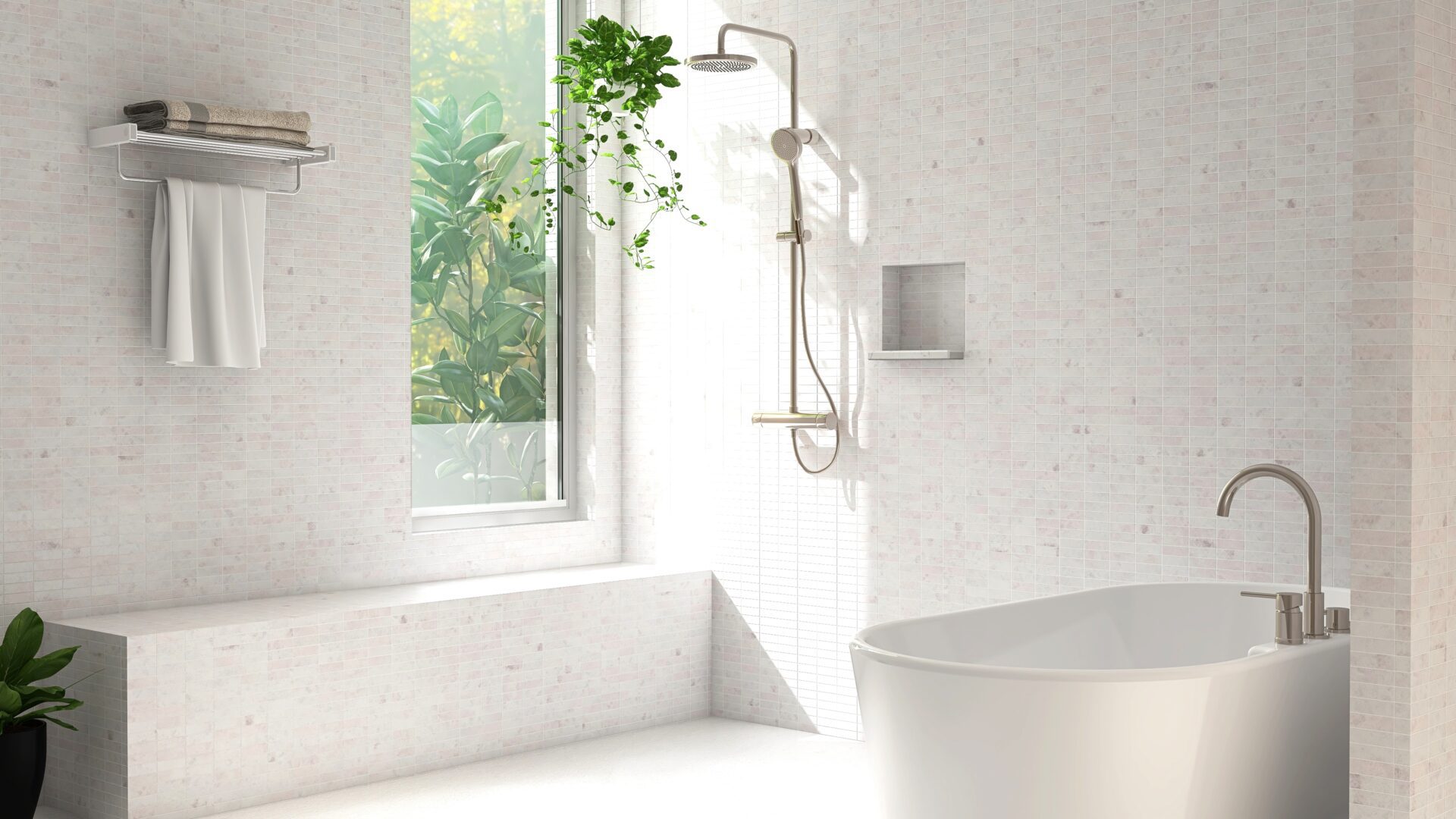 beautiful white tiled bathroom with shower and bath