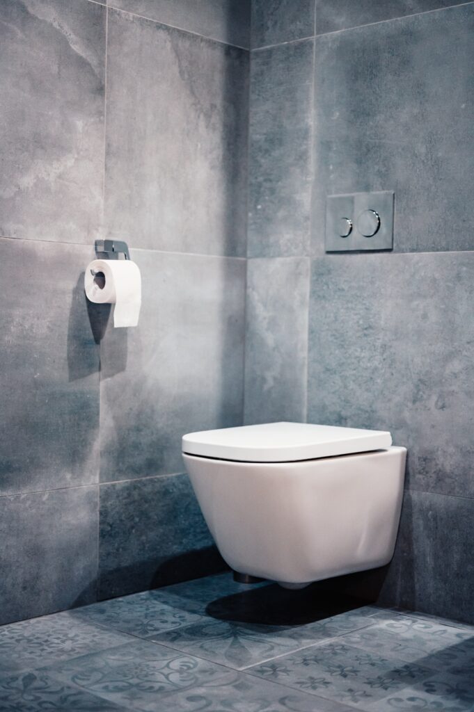 A dark tiled bathroom focusing on a toilet